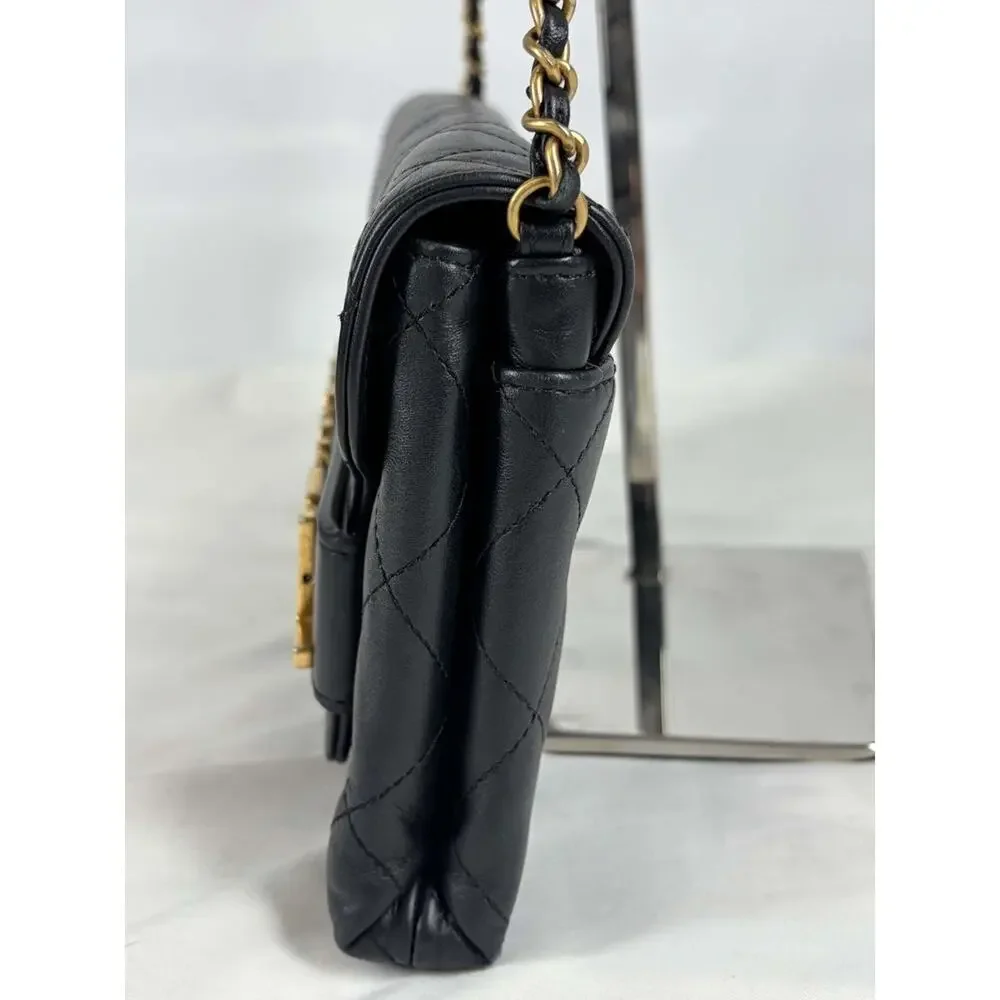 Chanel Black Logo Enchained Flap Quilted Calfskin Clutch SPB JA-369521